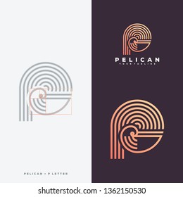 P & pelican line art logo design concept illustration.