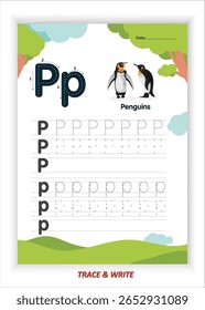 P para pinguins Alfabeto Tracing and Writing Practice for Kids Printable EPS Vetor File with Penguin Themed Letter P Activities Planilhas de caligrafia pré-escolar e Kindergarten Belas habilidades motoras
