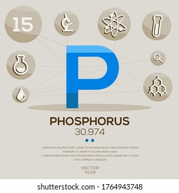 P (Phosphor)Das periodische Tabellenelement, Buchstaben und Symbole, Vektorgrafik.