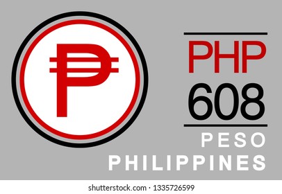 P, PHP, 608, Peso, Philippines Banking Currency icon typography logo banner set isolated on background. Abstract concept graphic element. Collection of currency symbols ISO 4217 signs used in country