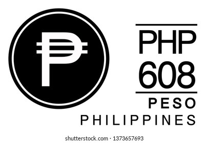 P, PHP, 608, Peso, Philippines Banking Currency icon typography logo banner set isolated on background. Abstract concept graphic element. Collection of currency symbols ISO 4217 signs used in country