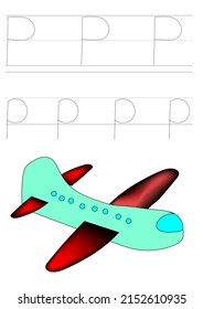 P plane alphabet for trace exercise for kid with illustration