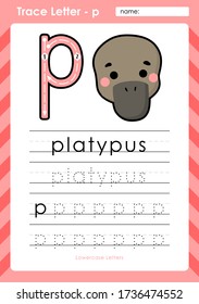 p - platypus : Alphabet A-Z tracing letters worksheet - Exercises for kids