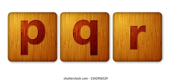 P, Q, R blocks wooden icon. Alphabet cubes with letters.