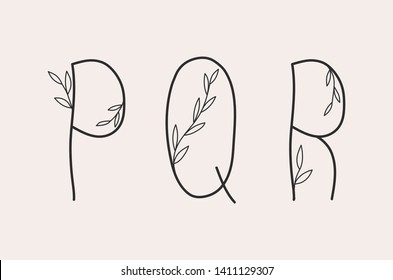 P, Q and R letter set of a simple alphabet with floral elements.