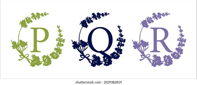 P Q R letter. Set modern hand-drawn silhouette sketch illustrations Lavender flower wreath with alphabet monogram. Good idea for wedding art decor Vintage vector typographic emblem, logo, label design