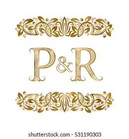 P and R vintage initials logo symbol. The letters are surrounded by ornamental elements. Wedding or business partners monogram in royal style.