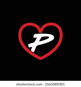 P with Red love shape. Love letter P logo vector design for valentines day sale background with heart icon. P letter with heart vector on black background. P love letter logo design