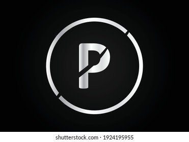 P Silver Letter Logo Design With Circle Swoosh And Silver Metal Texture.