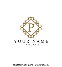 P simple gold monogram alphabet letter logo. Creative icon design with luxury frame for company and business