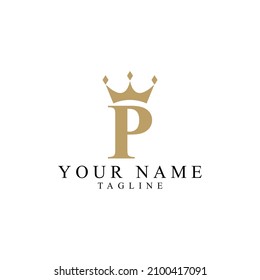 P simple gold monogram alphabet letter logo. Creative icon design with king crown for luxury company and business