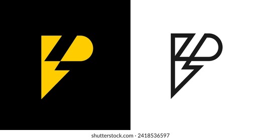 Logo de Power. Letra P y rayo en el fondo oscuro. P monograma. Tecnología energética y energética