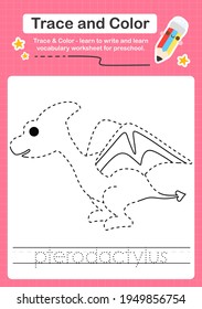 P Tracing word for dinosaurs and coloring trace worksheet for kids to practice writing skills with the word Pterodactylus