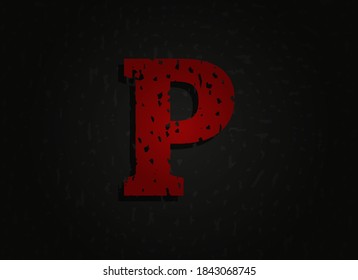 P letra roja vectorial hecha de textura gruesa. Una fuente loca de miedo brutal. Diseño de estilo temático nocturno.  Para logotipo, marca, afiche, elementos de diseño, etc.   
