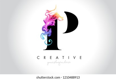 P Vibrant Creative Letter Logo Design with Colorful Smoke Ink Flowing Vector Illustration.