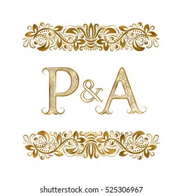 P and A vintage initials logo symbol. The letters are surrounded by ornamental elements. Wedding or business partners monogram in royal style.