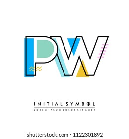 P W Memphis letter style, initial logo template vector full color.