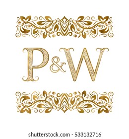 P and W vintage initials logo symbol. The letters are surrounded by ornamental elements. Wedding or business partners monogram in royal style.