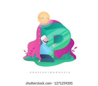 P which symbolizes the word "Pray" there is a person who is praying, and there are sentences of pray for Indonesia