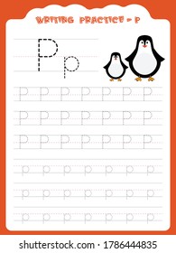 P writing practice for kids. Cartoon Illustration of penguin. Preschool educational alphabet writing practice for kids. Writing book pages for kids. Uppercase and lowercase alphabet writing practice.