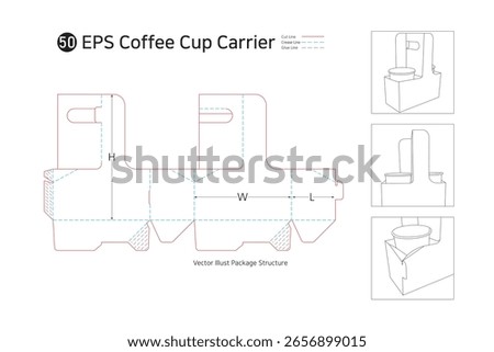 P2_50. Coffee cup carrier. Coffee cup carrier construction. It has a handle on the top of the box to store coffee or beverage cups.