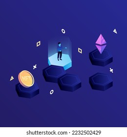 P2E Crypto Games Illustration. Make money playing crypto games. Vector illustration