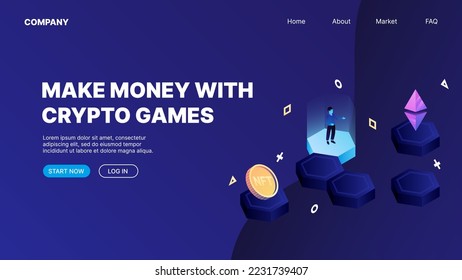 P2E Crypto Games Landing Page Concept. Make money playing crypto games. Vector illustration