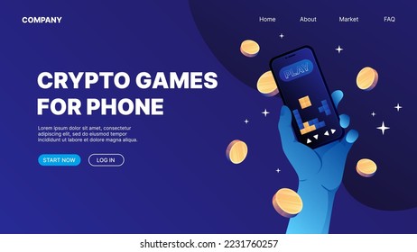 P2E-Spiele. Blockchain VR Games. P2E Crypto Games Landing Page Konzept. Vektorgrafik
