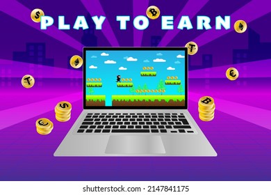 
P2E, Play to Earn, NFT game concept design. Platform game design on laptop and gold cryptocurrencies on futuristic background. Play to Earn text design. 