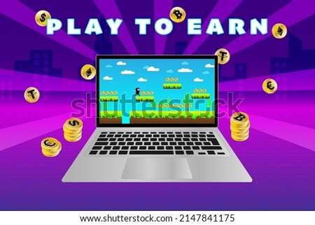 
P2E, Play to Earn, NFT game concept design. Platform game design on laptop and gold cryptocurrencies on futuristic background. Play to Earn text design. 