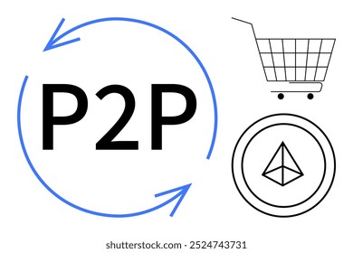 P2P with circular arrows, a shopping cart, and a blockchain symbol. Ideal for trading, digital currency, decentralized services, e-commerce, modern transactions. Simple vector style