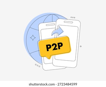 La plataforma de préstamos digitales P2P conecta a los usuarios de finanzas en línea. Pagos de Punto a punto: cifrado de confianza móvil seguro y transacciones de transferencia P2P para la Ilustración vectorial de iconos financieros de negocios modernos