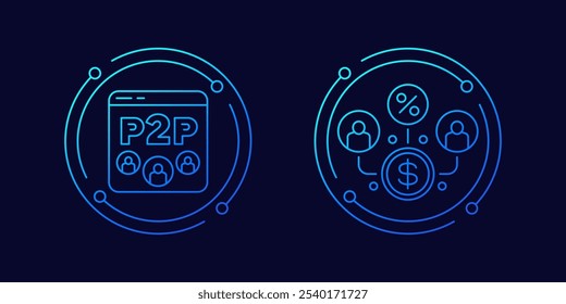ícones p2p, empréstimos peer-to-peer, design linear