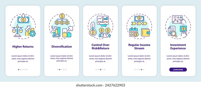 Pantalla de aplicación móvil de incorporación de préstamos P2P. Dinero para inversionistas recorre 5 pasos de instrucciones gráficas editables con conceptos lineales. UI, UX, plantilla GUI. Myriad Pro-Bold, Fuentes regulares utilizadas