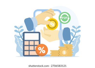 P2P lending vector illustration, peer-to-peer loan platform, online borrowing and lending, digital finance, financial technology concept, secure money transfer.