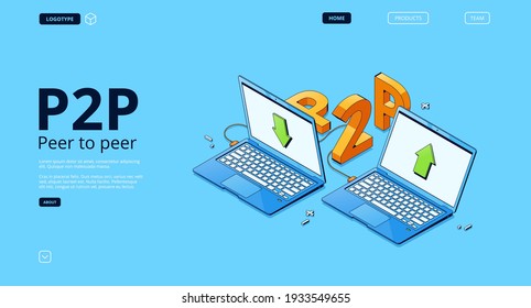 P2P network banner. Concept of peer to peer connection, distributed computing between different computers. Vector landing page of digital one-rank networking with isometric illustration of laptops