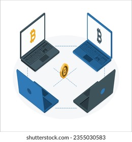 Red P2P. Concepto de Fintech. Tecnología financiera. transacciones financieras en Laptop. pago en línea, cadena Bitcoin Block, P2P(par 2), Criptocurrency. computación entre diferentes computadoras. 2374