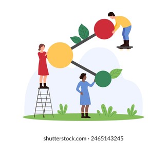 P2P network, global support services to share and exchange information. Tiny people holding scheme with links between circles, sharing internet resources to peers cartoon vector illustration