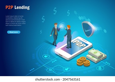 P2P, peer to peer lending, online money loan, financial technology concept. Businessman using P2P secure platform on smart phone directly obtain loans from lender. 