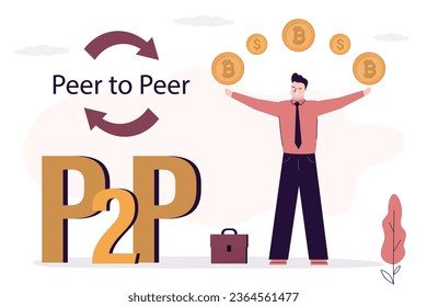 P2P, Peer to Peer online platform for exchanging cryptocurrency. Online financial technology concept. Businessman juggling bitcoins and dollar coins. Change crypto currency. flat vector Illustration