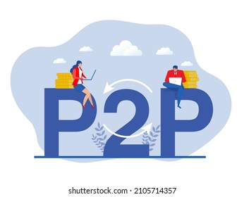 P2P or Peer to peer payments. Two Business interacting with each other. Cryptocurrency virtual transaction. Vector illustration.