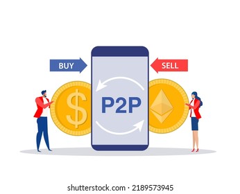 P2P or Peer to peer payments. Two Business interacting with each other. Cryptocurrency virtual transaction. Vector illustration.