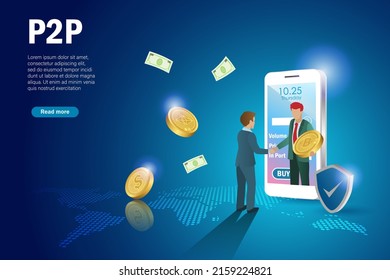 P2P, peer to peer trading, fiat and spot online crypto currency trading, financial technology concept. Businessman exchange digital money via smart phone platform application.