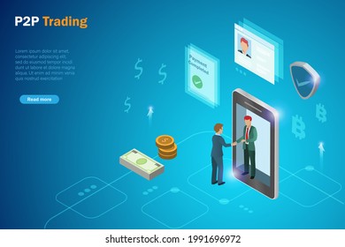 P2P, peer to peer trading, fiet and spot online cryptocurrency trading, financial technology innovation concept. Businessman direclty exchange digital money via smart phone. 