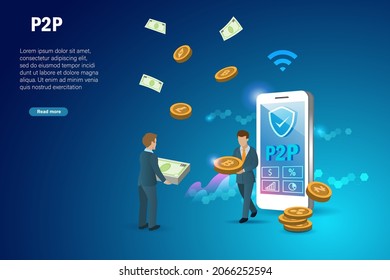 P2P, peer to peer trading, fiet and spot online crypto currency trading, financial technology concept. Businessman directly exchange digital money via smart phone.