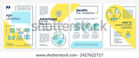 P2P platform blue and yellow brochure template. Money lending. Leaflet design with linear icons. Editable 4 vector layouts for presentation, annual reports. Questrial, Lato-Regular fonts used