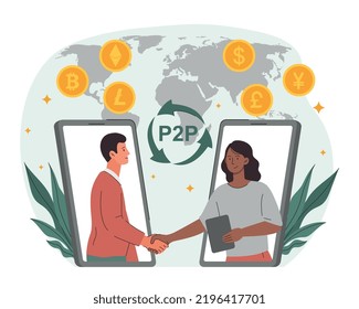 P2P traiding concept. Man and woman shake hands. Entrepreneurs make deal, metaphor for successful negotiations. Partnership and collaboration, globalization. Cartoon flat vector illustration