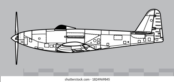 P-63 Crazy Horse. Bell 33C-1 P-63C Kingcobra N9009. Vector drawing of racer aircraft. Side view. Image for illustration and infographics.