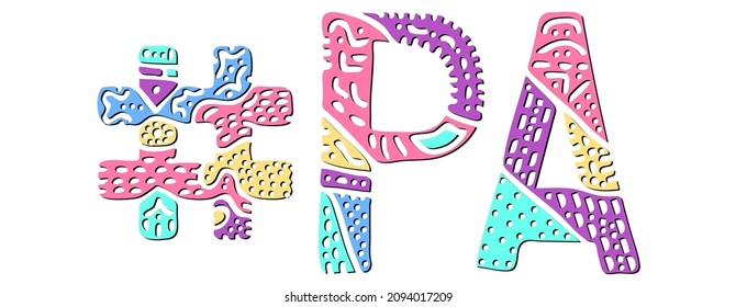 PA Hashtag. Multicolored bright isolate curves doodle letters. Hashtag #PA is abbreviation for the US American state Pennsylvania for social network, web resources, mobile apps.