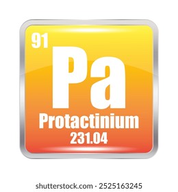 Ícone Pa. Protactínio. Número atômico 91. Massa 231,04. Fundo quadrado laranja. Símbolo de vetor.